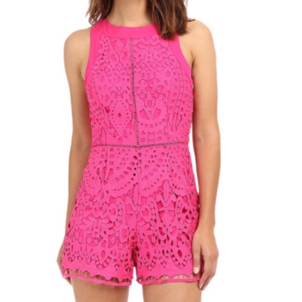 NWT Adelyn Rae Hot Pink Lace Overlay Romper